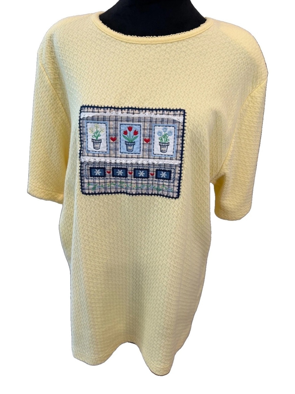 Stephanie K by Koret 1990s/Y2K textured pastel yellow short sleeve top ladies LG